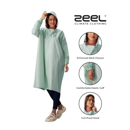 Image of ZEEL Unisex Outdoor Rain Poncho for Adult, Waterproof, Lightweight & Packable, Polyester Pullover Full Sleeves Hooded Rainwear, Raincoat for Camping, Hiking, Travelling (AZ33, Free Size, Mint)