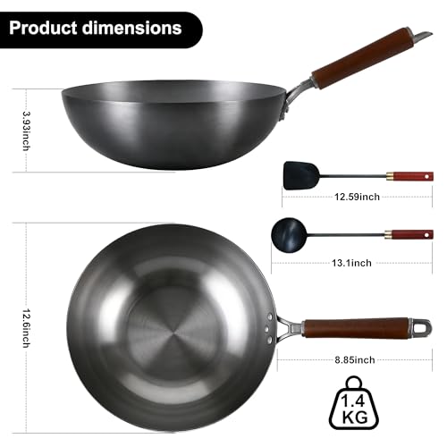 Wok antiadherente de acero al carbono 12 pulgadas con tapa y utensilios miniatura 6