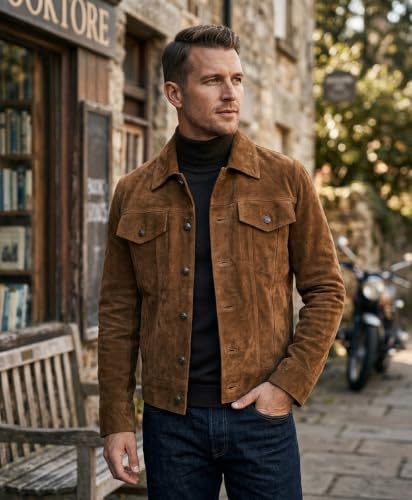Image of LP-FACON Mens Western Style Trucker Suede Leather Jacket