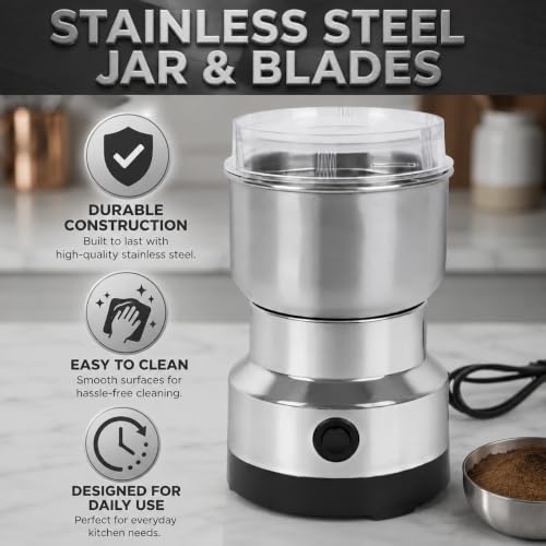Image of Drumstone Mini Mixer Grinder for Spices, Coffee Beans, Chutney & Baby Food, Stainless Steel Grinding Jar with Sharp Blades, Compact Electric Dry Grinder for Home Kitchen Use, Silver
