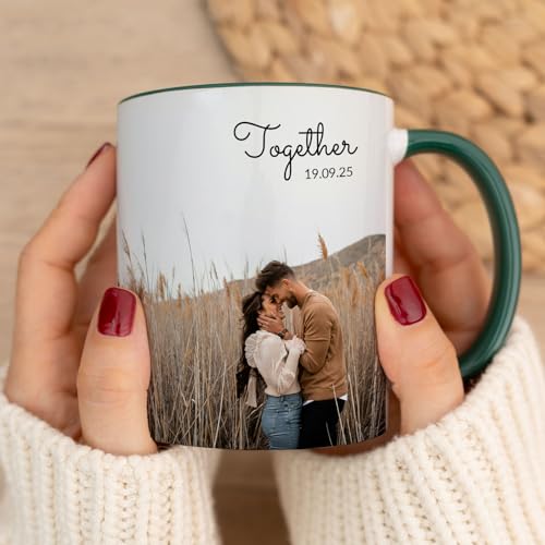 Wanapix | Taza Personalizada con Foto y Texto | Capacidad de 325ml | Taza de Cerámica con Diseño Único | Regalo para Amigos y Familiares | Apta para Microondas | Interior y Asa Color Verde