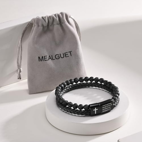MEALGUET Men's Inspirational Bible Verse Bracelets Lava Rock Bead Bracelet Healing Balancing Braided Leather Wristband with Magnetic Clasp3