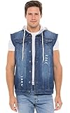 Skylinewears Men's Hooded Denim Vest Ripped Sleeveless Trucker Jean Jacket with Hood for Bikers Blue Gray M