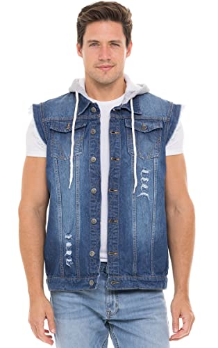 Skylinewears Men's Hooded Denim Vest Ripped Sleeveless Trucker Jean Jacket with Hood for Bikers
