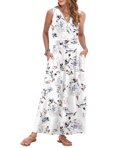 Image of AUSELILY Womens Maxi Dress Summer Sleeveless Wrap Long Dresses with Pockets | V-Neck Wrap Sleeveless Sundress, fits formal, casual, beach, vacation & daily wear