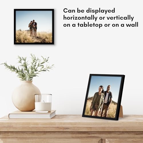 Americanflat 7x8 Picture Frame with Shatter-Resistant Glass - Streamline Collection - Thin Border Photo Frame for Tabletop and Wall Display - Hanging Hardware and Easel Stand Included - Black