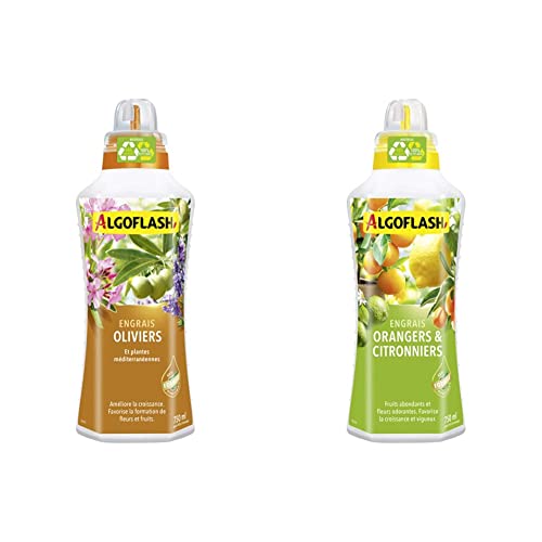 ALGOFLASH Engrais Oliviers et Plantes Méditerranéennes, Bouchon Doseur Inclus, 750 ml, ALIMED750N & Engrais Orangers et Citronniers, Bouchon Doseur Inclus, 750 ml, ALIAGR750N