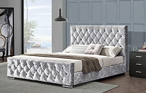 Athens Cadre de lit ottoman capitonné avec coffre de rangement, pieds chromés, argent, gris foncé, gris clair, tissu en velours écrasé chenille ou lin