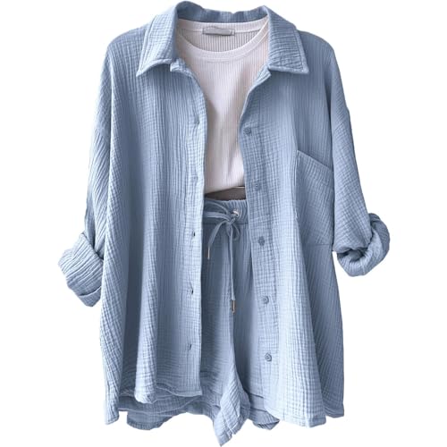 Opiniones de Ropa de una pieza para comprar online. 48 Magic Feier Conjunto de lino de 2 piezas para mujer, camisa de manga larga arrugada con botones y pantalones cortos con cordón de cintura alta (L,11)