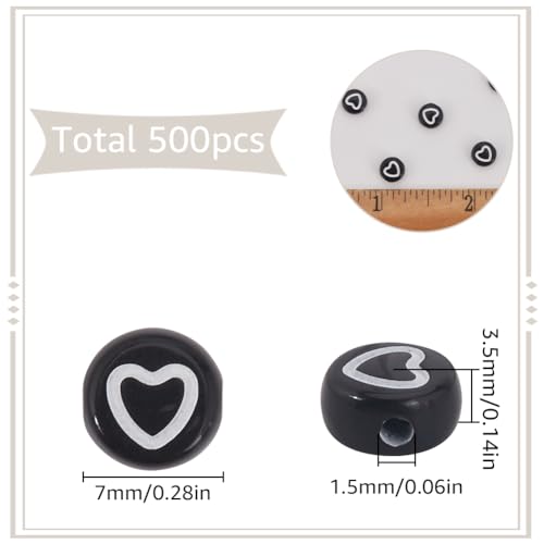 SUNNYCLUE 1 Box 500Pcs Acrylic Heart Beads Flat Round Love Heart Bead Bulk 7mm Mini Black White Pony Coin Disc Loose Spacer Beads for Bracelets jewellery Making Beading Valentine's Day Gifts DIY Craft - Image 2
