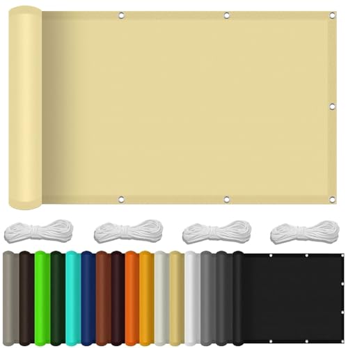 Balcon Privacidad 130 x 750 cm Resistiente Al Viento y Polvo Revestimiento para Balcón con Ojales Cuerda para Balcón Exterior de Jardín Terraza, Color Crema