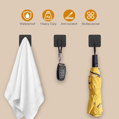 Image of JD Fresh 6 Pcs Self-Adhesive Stainless-Steel Wall Hooks for Hanging /Heavy Duty Waterproof Wall Hangers /Without Drill Sticky Hooks on Hold Coats, Keys, Towels and Kitchen Utensils (L-Hook,Black-Square)