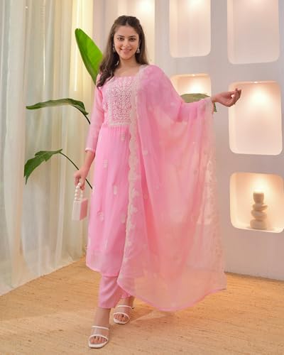 Image of LookMark Women's Chanderi Chikankari Kurta Set with Dupatta Kurti with Pants Ethnic Traditional Outfit