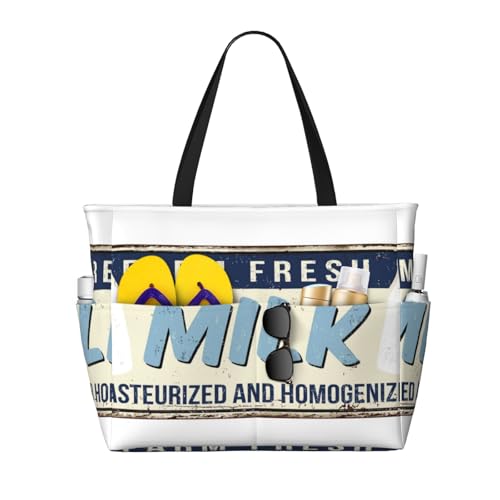 Vintage Farm Fresh Milk Print Large Beach Tote Bag for Women Extra Large Capacity Sandproof Waterproof Pool Bag Suitable for Swimming Pool Gym Groceries Travel