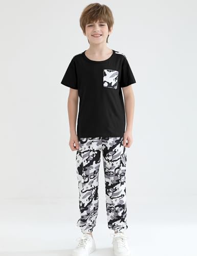 Image of mksodopy Boys Clothes Outfits Set, Camo Cargo Pants and Short Sleeve Pocket Tee 2PC Summer Tracksuit for Kids 5-16Y