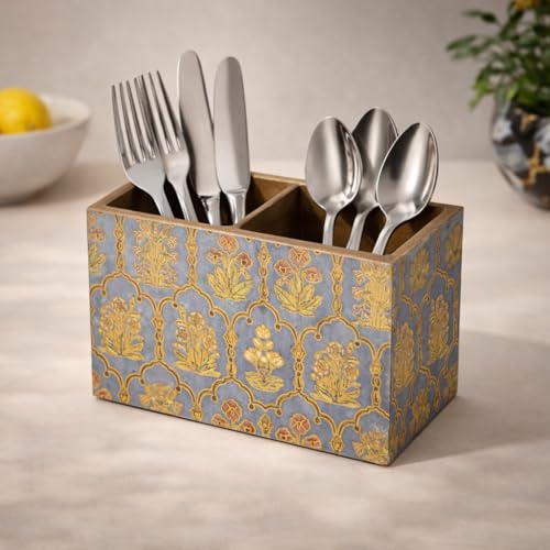 Image of Wooden Kitchen Cutlery Holder with 2 Compartments | Cutlery Stand for Dining Table | Spoon Stand | Black