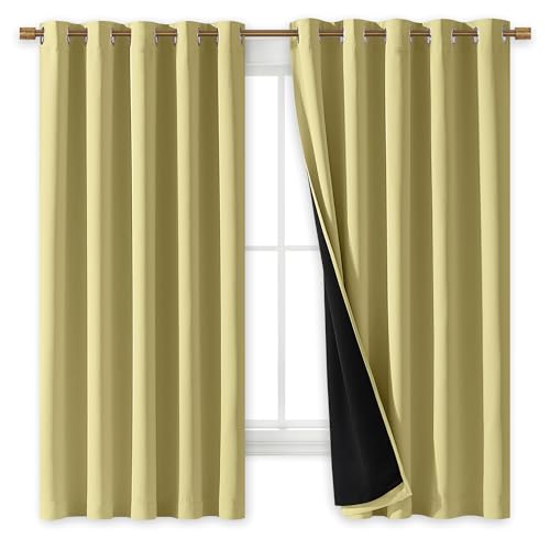 Image of NICETOWN 100% Blackout Curtains with Black Liners, Thermal Insulated Full Blackout 2-Layer Lined Drapes, Energy Efficiency Window Draperies for Bedroom (Paler Yellow, 2 Panels, 70-inch W by 63-inch L)