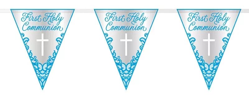 First Holy Confirmation Bunting 9ft (2.7m) Blue Foil Decoration – Religious Party Banner with Cross Design - Flag Garland