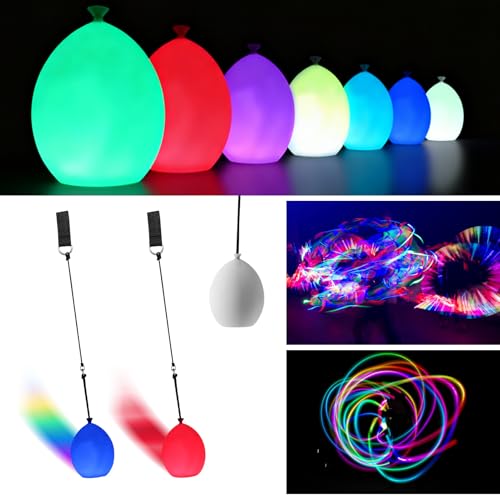 Tulov 2 Stück LED Poi Bälle Set,7 Farben und 9 Modi LED POI Jonglierbälle Leuchtend mit Verstellbaren Doppelschlaufen,Glow Poi Kugeln für Lichtshow,Tanzen,Rave（Balloon Style