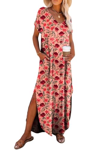 Image of Dokotoo Summer Dresses for Women 2026 Casual Maxi Dress V Neck Cap Sleeve Long Sundress with Pockets Beach Vacation