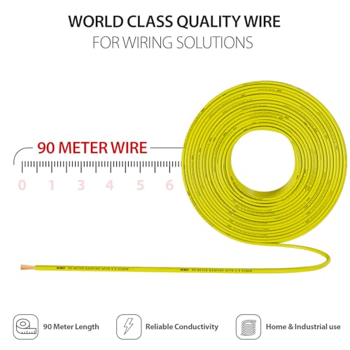Image of KEI BANFIRE- HFFR 2.5 sqmm 1 Core 99.97% Pure Copper Conductor Heat Resistant Flame Retardant Low Smoke & Halogen - Lead Less House Wire for Domestic & Industrial Electrical Wiring (Yellow,90 Meters)