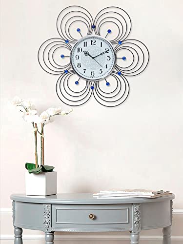 Image of CHRONIKLE Floral Design Analog Decorative Round Diamond Studded Crystal Metal Wall Clock for Living Room Home Decor Office Gifts (Size: 55 x 5 x 59 CM | Color: Blue | Weight: 1140 Gram)