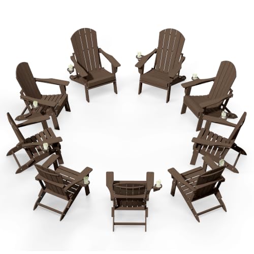 Image of Plawdlik Folding Adirondack Chair 9-piece Set, Cup Holder, Coffee | pin-free folding, 38-in tall back, Wood-grain All-weather HDPE; for fire pit, poolside, deck, backyard, patio