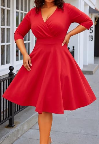 Image of Womens Plus Size Dresses Faux Wrap Summer Dress 3 /4 Sleeves V Neck 1950s Retro Vintage Wedding Party Midi Dress