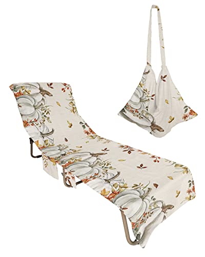 Autumn Pumpkin Beach Chair Towel Covers for Chaise Lounge with Side Pocket, Soft Plush Pool Towels Cover for Patio Sunbathing Outdoor 29''x85'' Fall Eucalyptus Wildflower Thanksgiving
