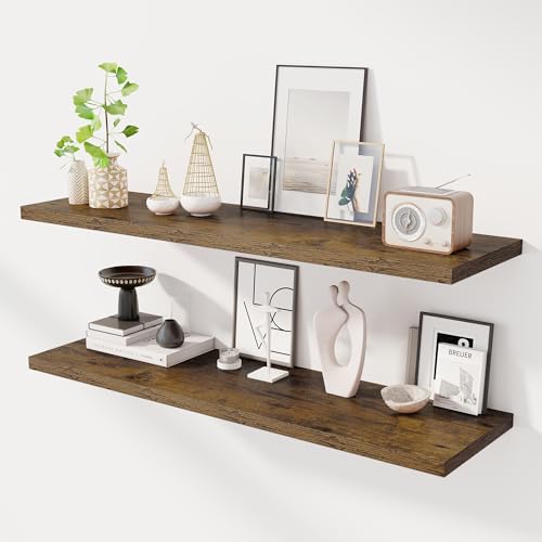 Image of Dreamland 48 inch Floating Shelves for Wall, 12 inch Deep Slim Rustic Brown Floating Shelves,Wall-Mounted Shelves for Bedroom, Living Room, Kitchen, Bathroom - Set of 2