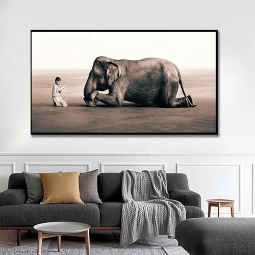 Affiche d'éléphant africain grand format 70x140 cm sur toile avec cadre