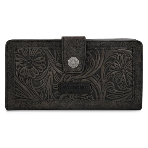 Montana West X Wrangler Black Tooling Flower Wallet for Women Bifold Zipper Wallets, Card Cases & Money Organizers Large Capacity Phone Cash Wallet Ladies Female Western Clutch Wallets with ID Window