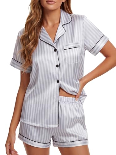 LYANER Women's Striped Satin Silky Pajamas Set Short Sleeve Button