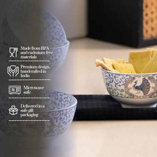 Image of GOLDEN QUEEN'S Porcelain Mini Bowl Set of 6 | Perfect for Dips, Chutneys, Dessert, Nuts, Pickles, Bites | Microwave Safe - Indian Peafowl Bowls, Multicolor, 120 Ml
