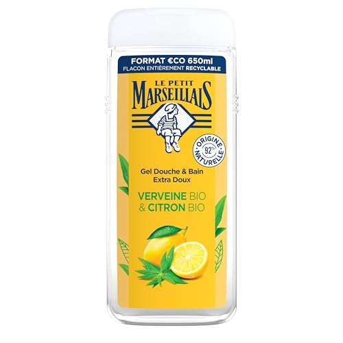 Le Petit Marseillais Gel de ducha extrasuave verbena y limón orgánico (650 ml) – Hidrata y refresca el pH neutro, sin colorantes y 92% de origen natural – Botella 100%
