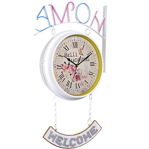 両面壁掛け時計、カラフルなヨーロッパの牧歌的なミュートの柱時計錬鉄製の両面時計