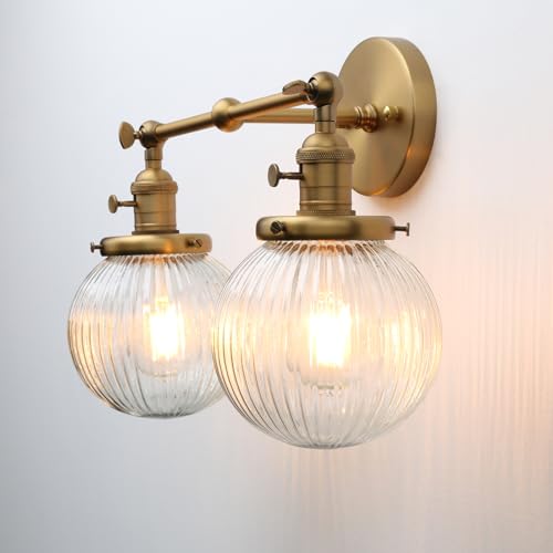 Image of PERMO 2 Lights Sconce with Switch Industrial Gold Wall Sconce Lighting with Ribbed Globe Lampshade Vintage Double Wall Sconce Bathroom Sconce, Hardwired, E26 Base