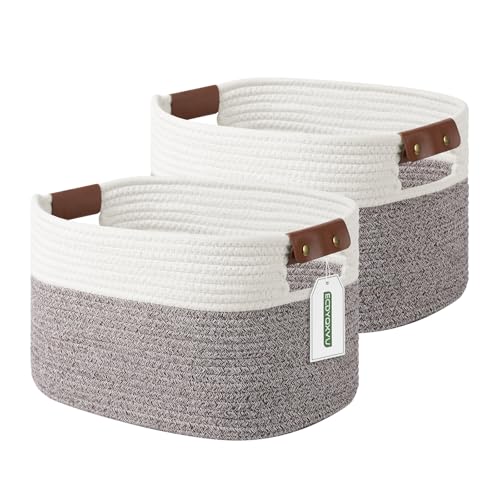 ECDYQXVU Cotton Rope Basket, Storage Baskets with Handle, 15x10x9 Inch Woven Basket for Shelves, Laundry, Towels, Clothes, Books (White Brown, 2 Pack) by ECDYQXVU - Used condition - CA$27.88
