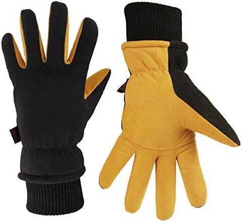 OZERO Winter Gloves for Men Women: Water-Resistant Windproof Insulated Work Gloves Leather Palm for Cold Weather Driving, Shoveling Snow, Hiking (Tan-Black, Large)