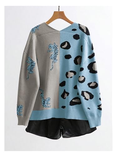 Image of WDIRARA Women's Leopard Tiger Print Cardigan V Neck Long Sleeve Color Block Button Down Sweater Outwear