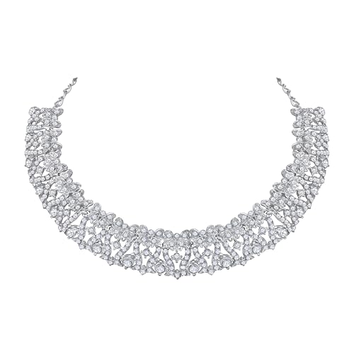 Image of Atasi International Silver Plated White Crystals American Diamonds Stylish Necklace Set with Earrings and Maang Tikka for Women and Girls | Stylish Jewellery for Party, Wedding and Festive Occasions (R6153)