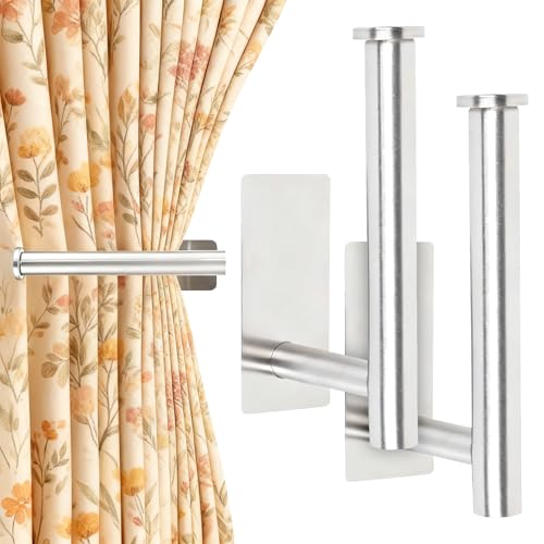 2Pcs Self Adhesive Curtain Holdbacks, No Drill Curtains Tie Backs Hook Wall Mounted, Self Adhesive Curtains with Hooks Ideal Curtain Holders for Home Living Room Bedroom Bathroom Drapery (Silver)