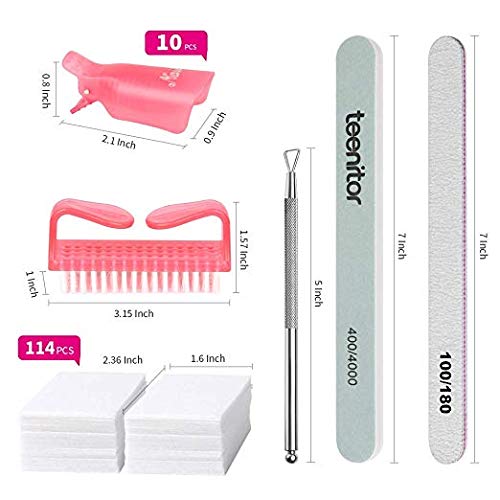 Teenitor Nail Gel Remover Tools Kit With Pink Polish Remover Clips, Cuticle Peeler Scraper, Gel Nail Brush, 115 Pack Nail Wipe Cotton Pads, Nail File Grits 120/180 Buffer Block Grits 400/4000 #TOP1