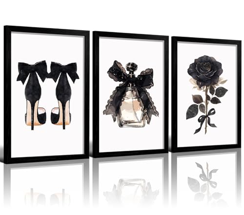 KGDSIHPN 3Pcs Fashion Black High Heels Rose Perfume Glam Canvas Wall Art