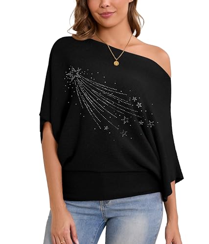 Image of MAKARTHY Womens Batwing Sleeves Knitted Dolman Pullovers Boat Neck Tops Sweatershirts