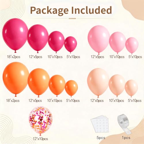Image of Hot Pink Orange Balloons Arch Kit, Latex, Confetti, Party Decor | Pastel /Light Orange Pink and Hot Pink Balloon Garland, for Birthday Wedding Hawaiian Beach Party Decorations