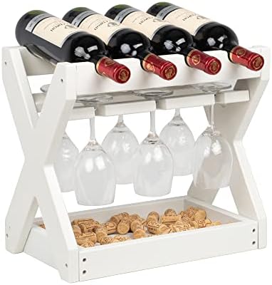 KORVOS Countertop Wine Racks with Glass Holder，4 Bottles Small Wine Rack,High-Density PE Tabletop Wine Bottle Holder for Kitchen, Living Room, Wine Cellar,Bar(White Color)