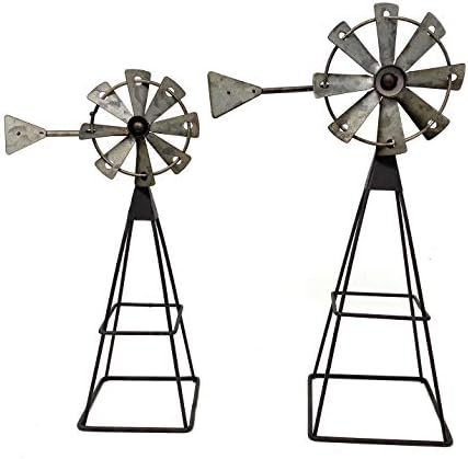 DNS S/2 Metal Windmill Art Decor Small Rustic Home Room Shelf Tabletop Desk Window Indoor Outdoor 12" & 10" H
