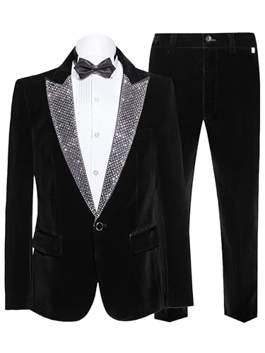 Men's Black Velvet Suit with Sparkling Rhinestones Peak Lapel Tuxedo Set Jacket Pant Bow Tie Set