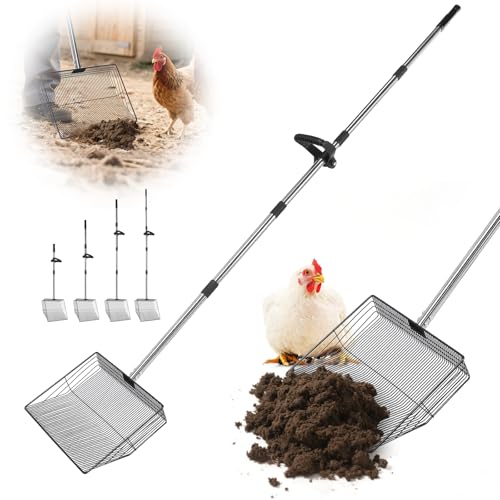 Image of 15inch Large Chicken Poop Scooper with Ergonomic Grip, 5 in 1 Adjustable Chicken Coop Pooper Shovel (24 to 76.5 inch), Stainless Steel Litter Sifting Shovel Scoop for Chicken Coop /Goat Stall /Stable